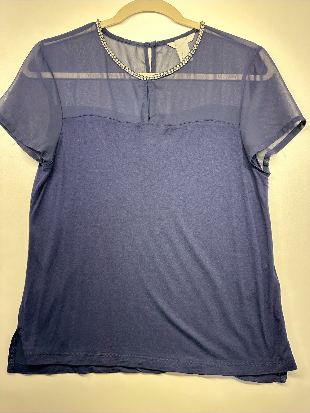 H&M Navy Sheer Yoke Jewel-Neck Blouse